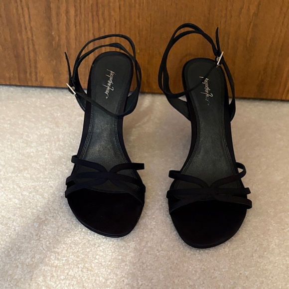 Elegant Black Satin Wedge Jacqueline Ferrar Strappy Sandals Size 9 NEW WITH BOX - Picture 1 of 9